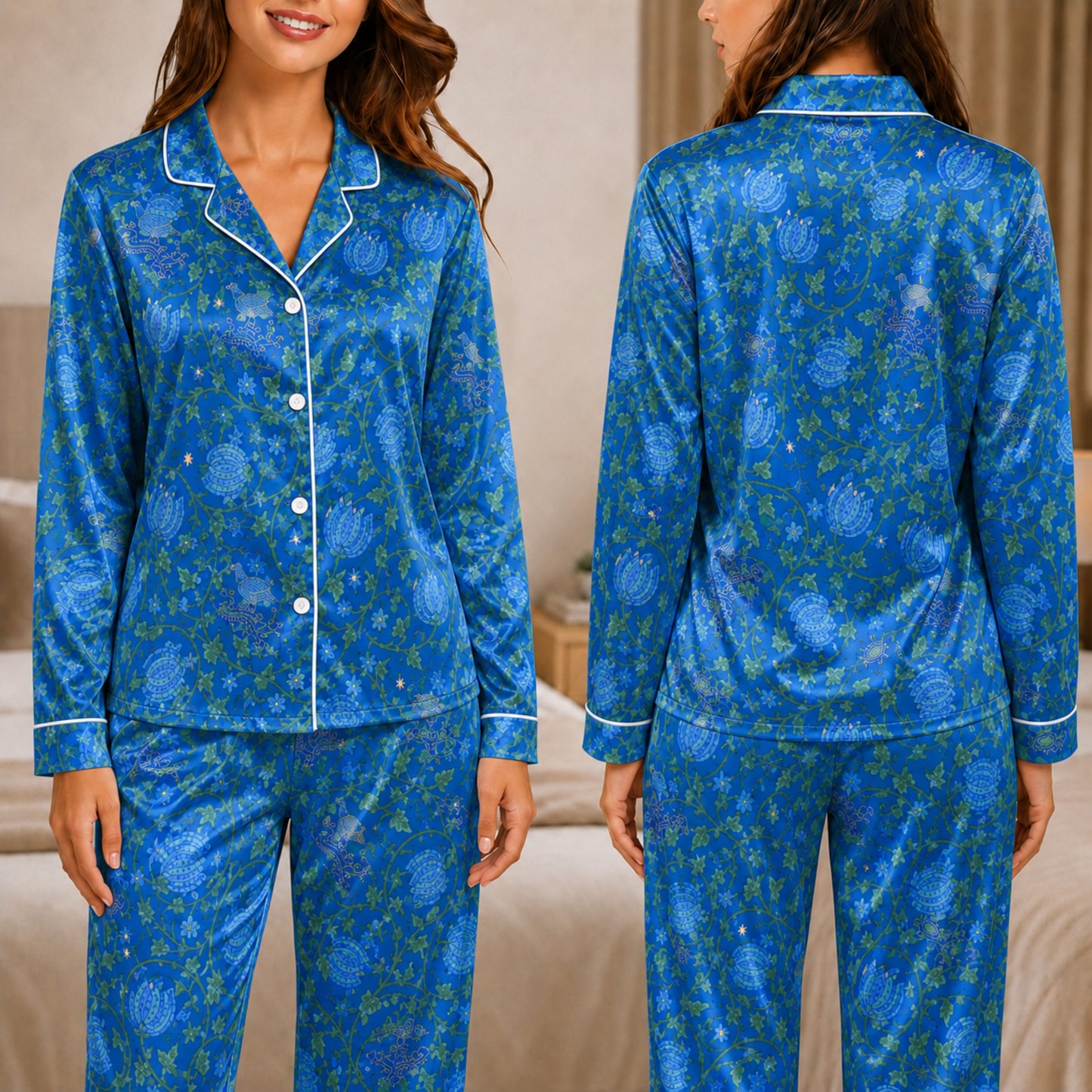 PJ-049-Satin Blue Vintage Botanical White Piping Button Up Pajama Set FREE SHIPING