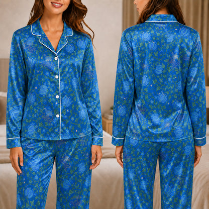 PJ-049-Satin Blue Vintage Botanical White Piping Button Up Pajama Set FREE SHIPING