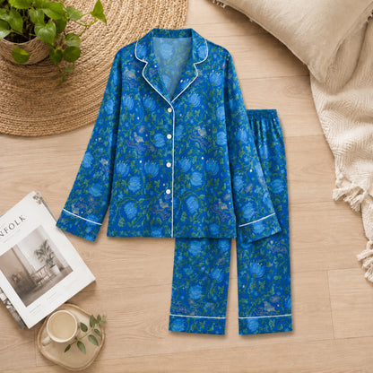 PJ-049-Satin Blue Vintage Botanical White Piping Button Up Pajama Set FREE SHIPING