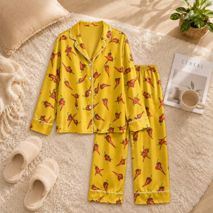 PJ-050-Spicy Chili Pajama Set Featuring Vibrant Red Pepper Artwork FREE SHIPING