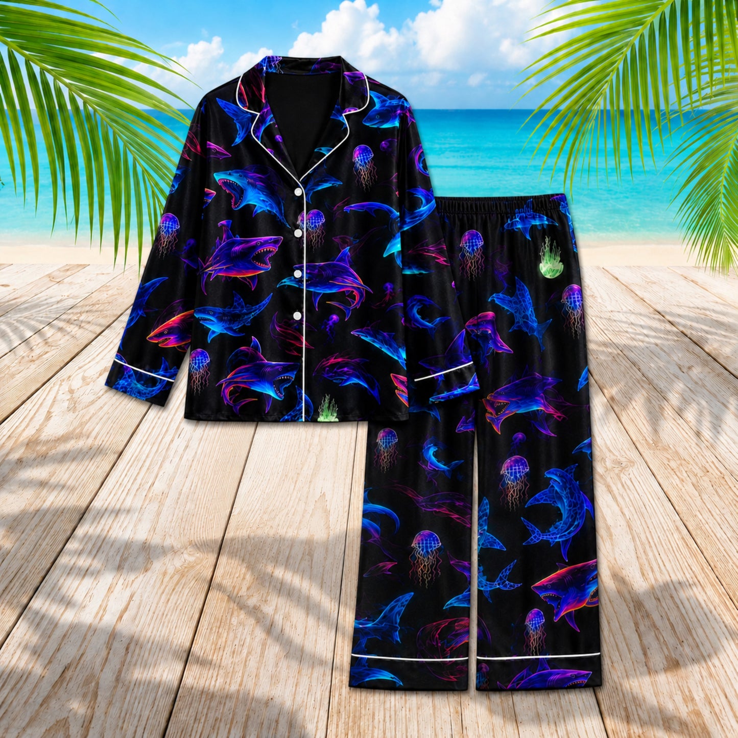 PJ-052-Neon Shark Print Pajama Set Featuring Glowing Ocean Creatures and Jellyfish Artwork FREE SHIPING