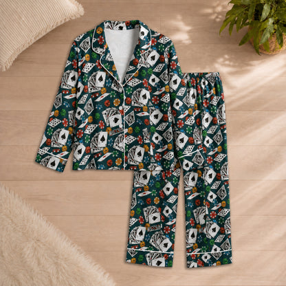 PJ-054-Casino Print Pajama Set Featuring Playing Cards, Poker Chips, Dice, and Gaming Artwork FREE SHIPING