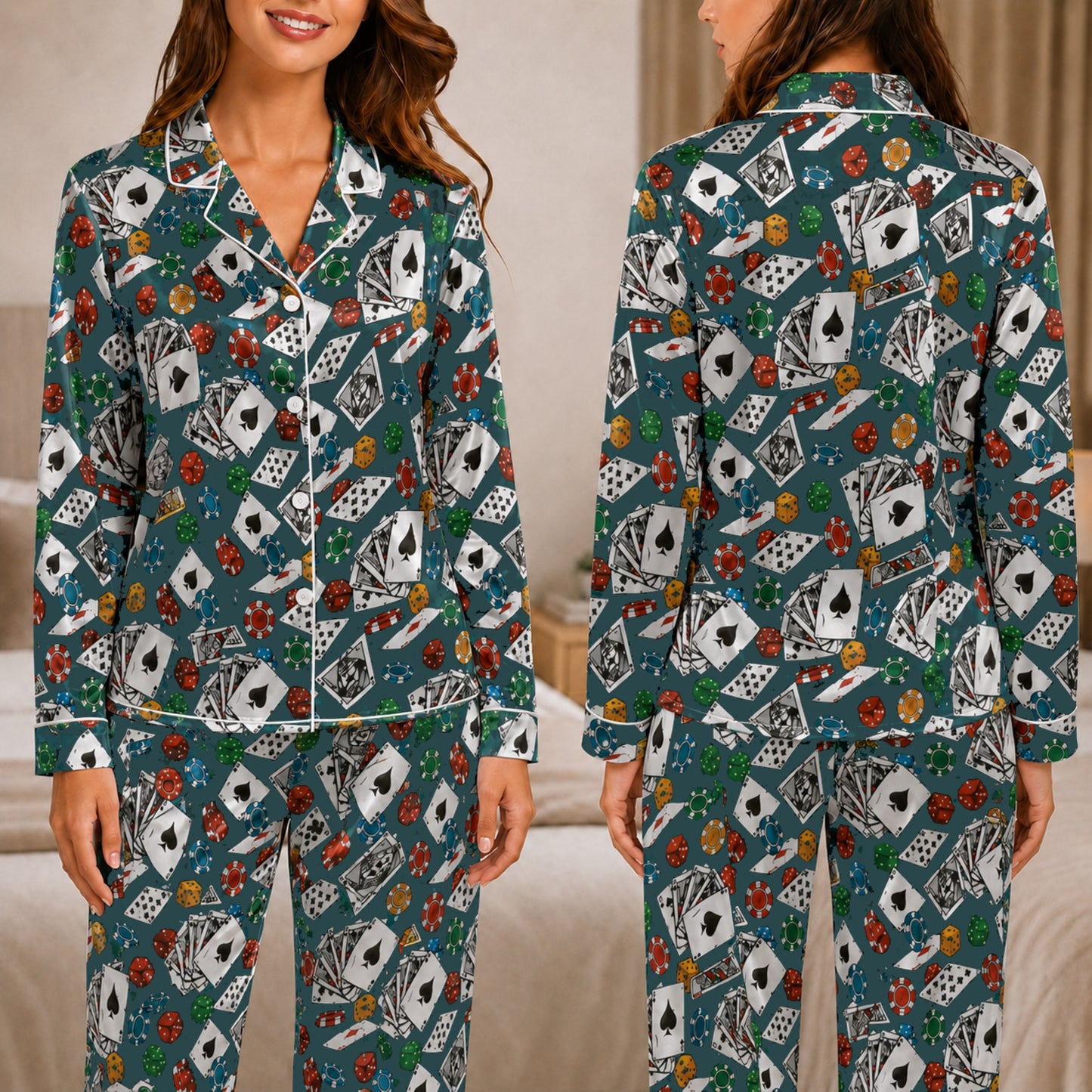 PJ-054-Casino Print Pajama Set Featuring Playing Cards, Poker Chips, Dice, and Gaming Artwork FREE SHIPING