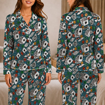 PJ-054-Casino Print Pajama Set Featuring Playing Cards, Poker Chips, Dice, and Gaming Artwork FREE SHIPING