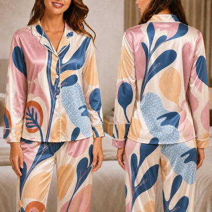 PJ-057-Satin White Abstract Botanical White Piping Button Up Pajama Set FREE SHIPING