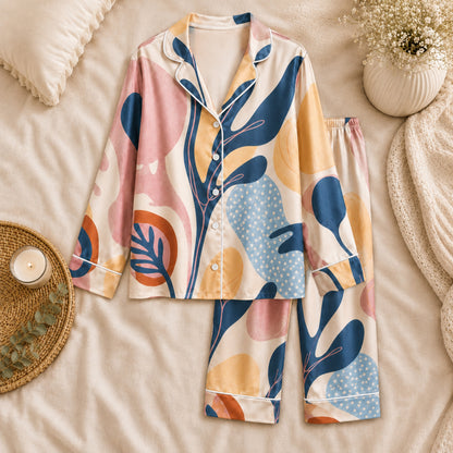 PJ-057-Satin White Abstract Botanical White Piping Button Up Pajama Set FREE SHIPING
