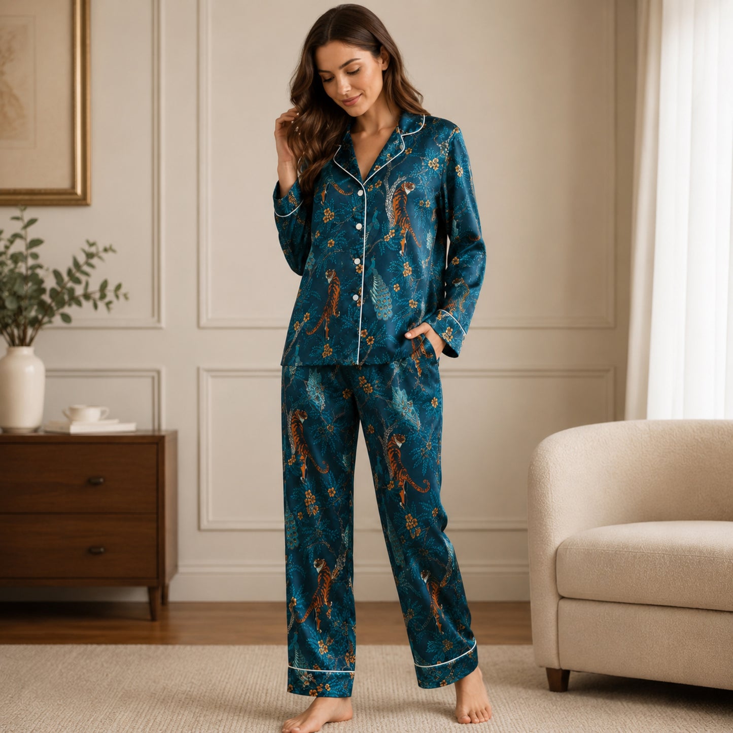 PJ-058-Satin Teal Exotic Jungle White Piping Button Up Pajama Set FREE SHIPING