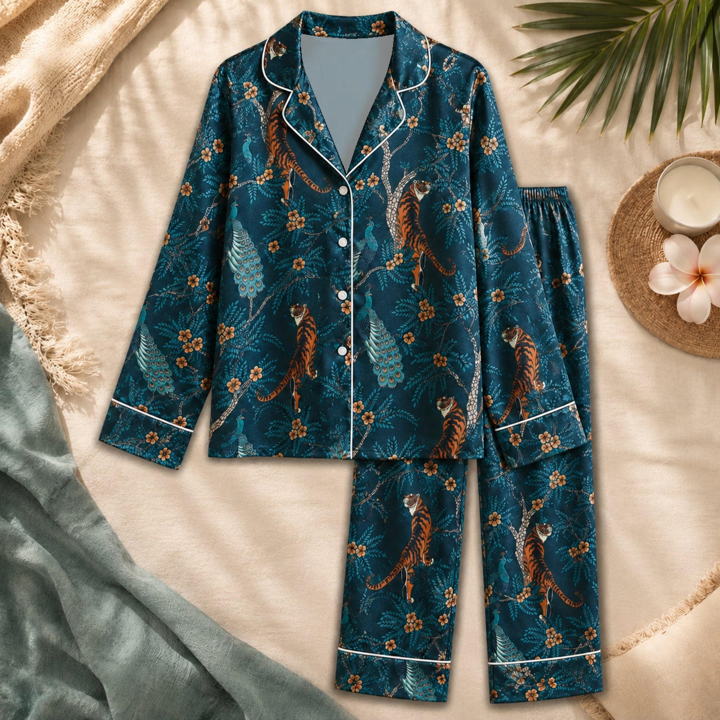 PJ-058-Satin Teal Exotic Jungle White Piping Button Up Pajama Set FREE SHIPING