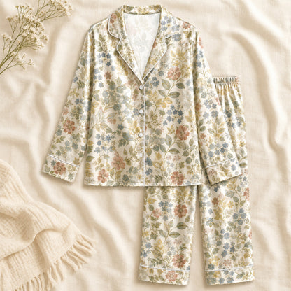 PJ-059-Satin Cream Vintage Floral White Piping Button Up Pajama Set FREE SHIPING
