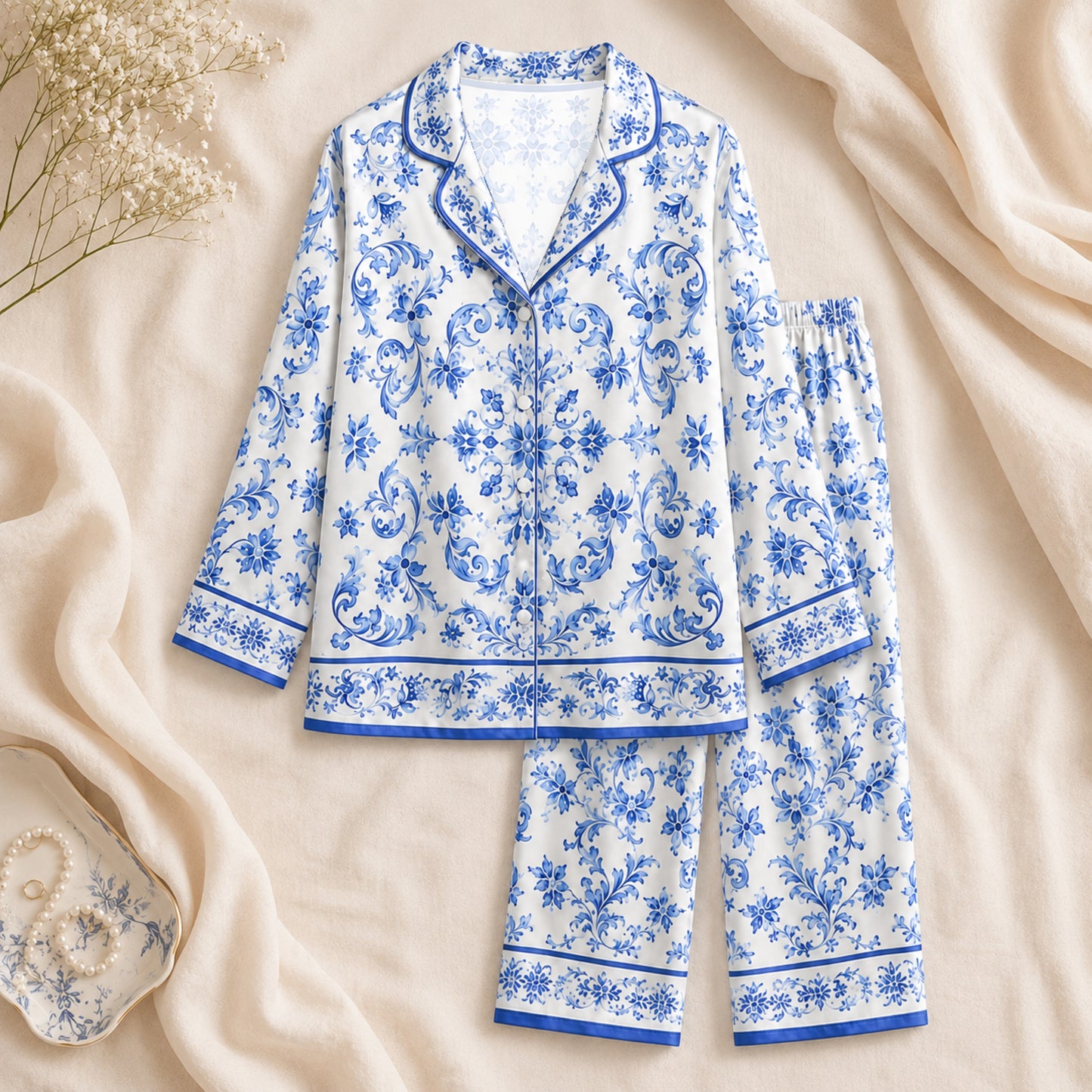 PJ-060-Satin White Porcelain Floral Blue Piping Button Up Pajama Set FREE SHIPING