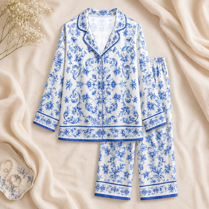 PJ-060-Satin White Porcelain Floral Blue Piping Button Up Pajama Set FREE SHIPING