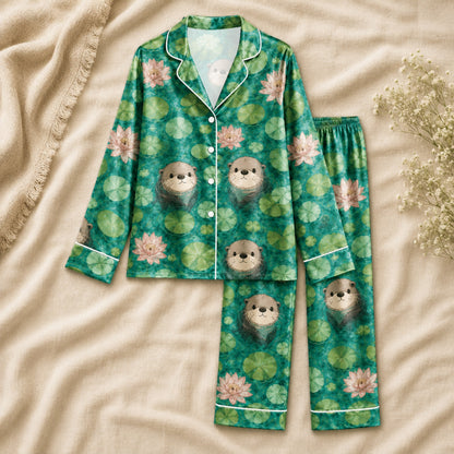 PJ-061-Satin Emerald Otter Pond White Piping Button Up Pajama Set FREE SHIPING