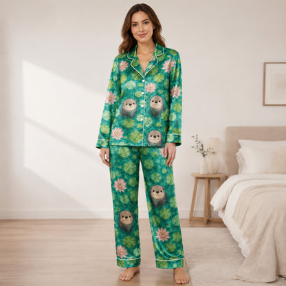 PJ-061-Satin Emerald Otter Pond White Piping Button Up Pajama Set FREE SHIPING