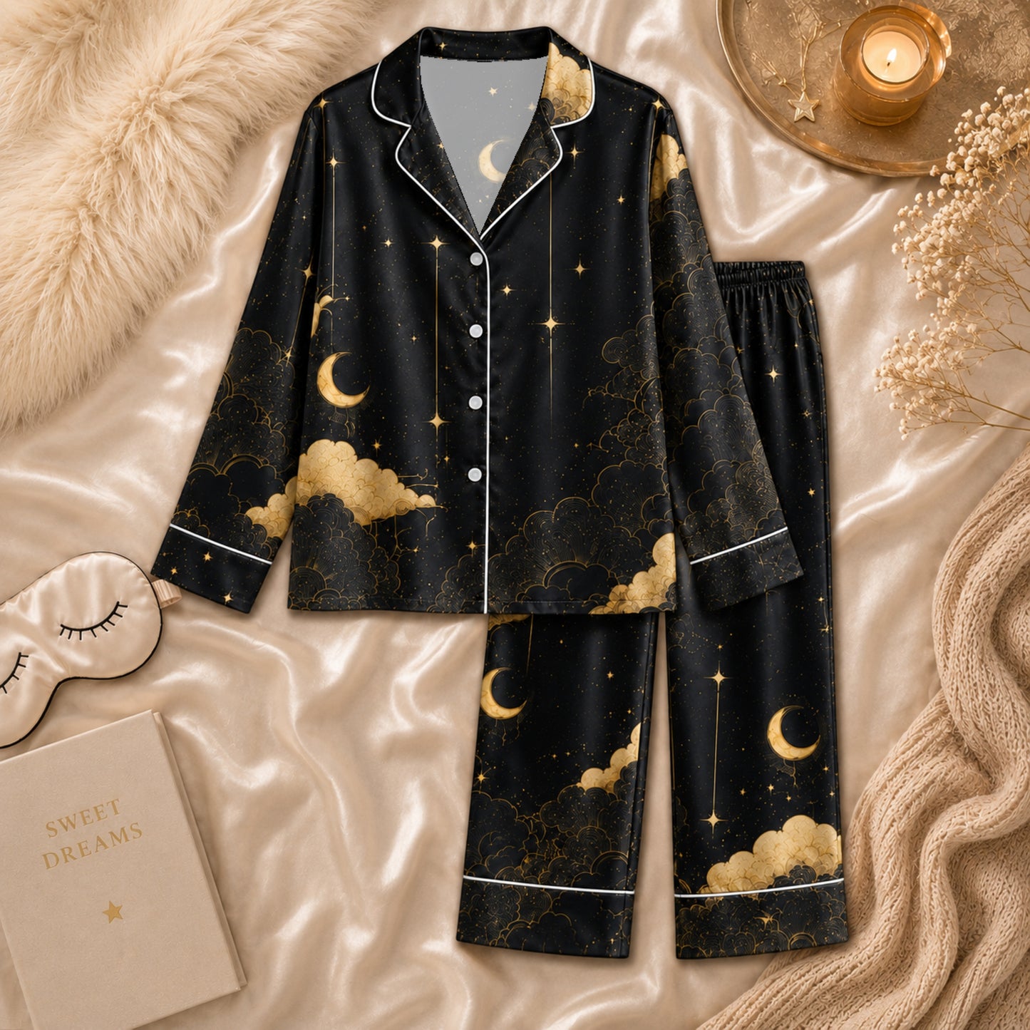 PJ-062-Celestial Silk Pajama Set, Black Gold Crescent Moon Star Print Loungewear Sleepwear FREE SHIPING