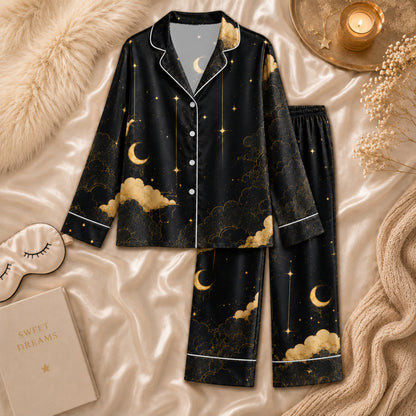 PJ-062-Celestial Silk Pajama Set, Black Gold Crescent Moon Star Print Loungewear Sleepwear FREE SHIPING