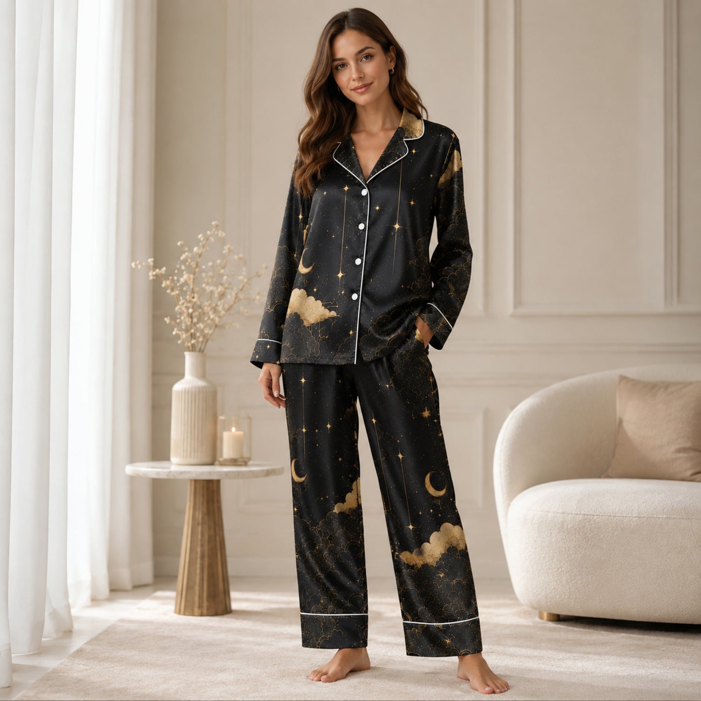 PJ-062-Celestial Silk Pajama Set, Black Gold Crescent Moon Star Print Loungewear Sleepwear FREE SHIPING