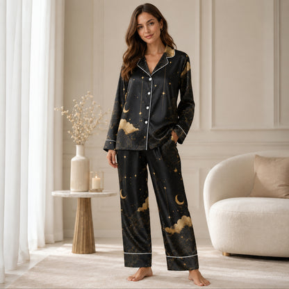 PJ-062-Celestial Silk Pajama Set, Black Gold Crescent Moon Star Print Loungewear Sleepwear FREE SHIPING