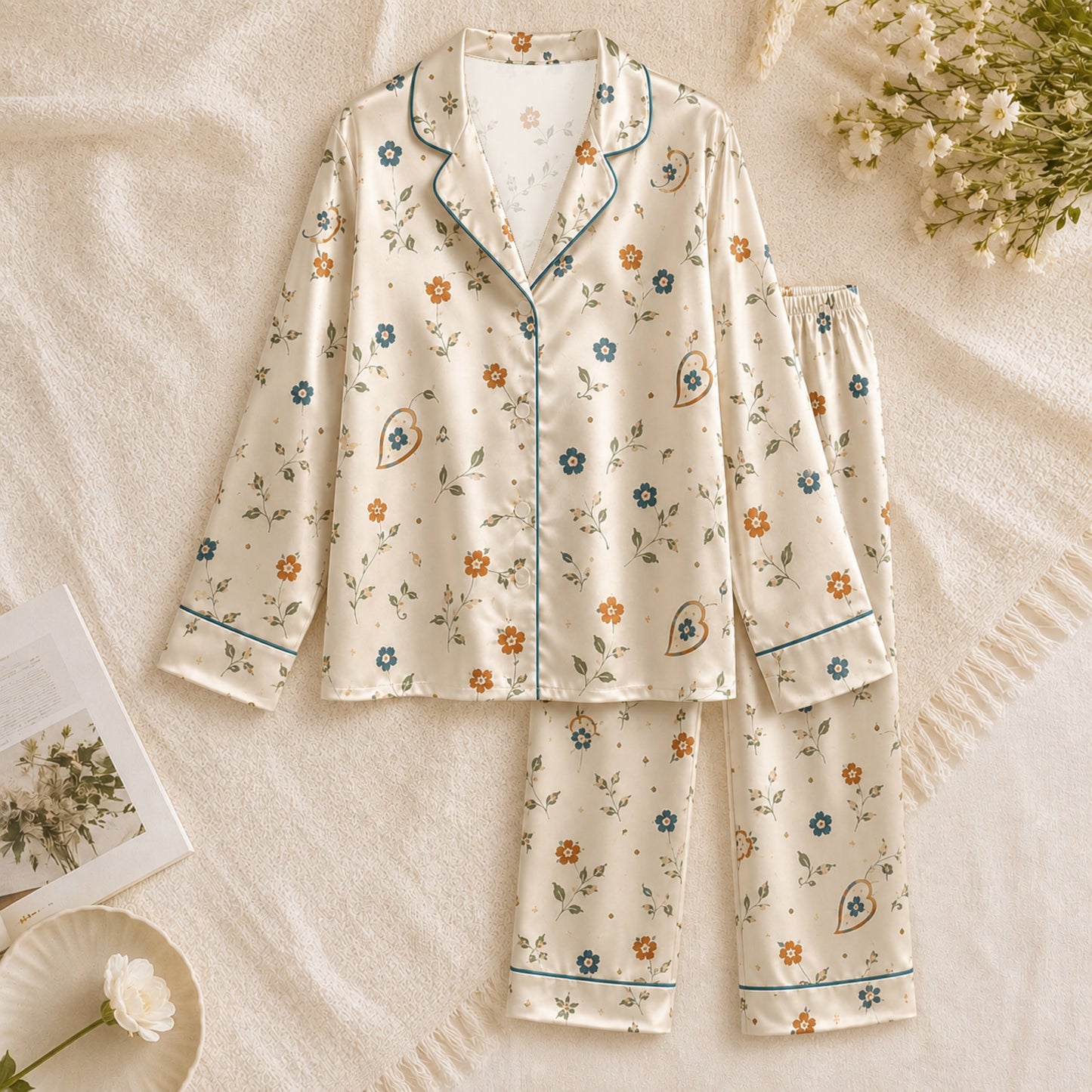 PJ-063-Satin White Autumn Blossom Teal Piping Button Up Pajama Set FREE SHIPING