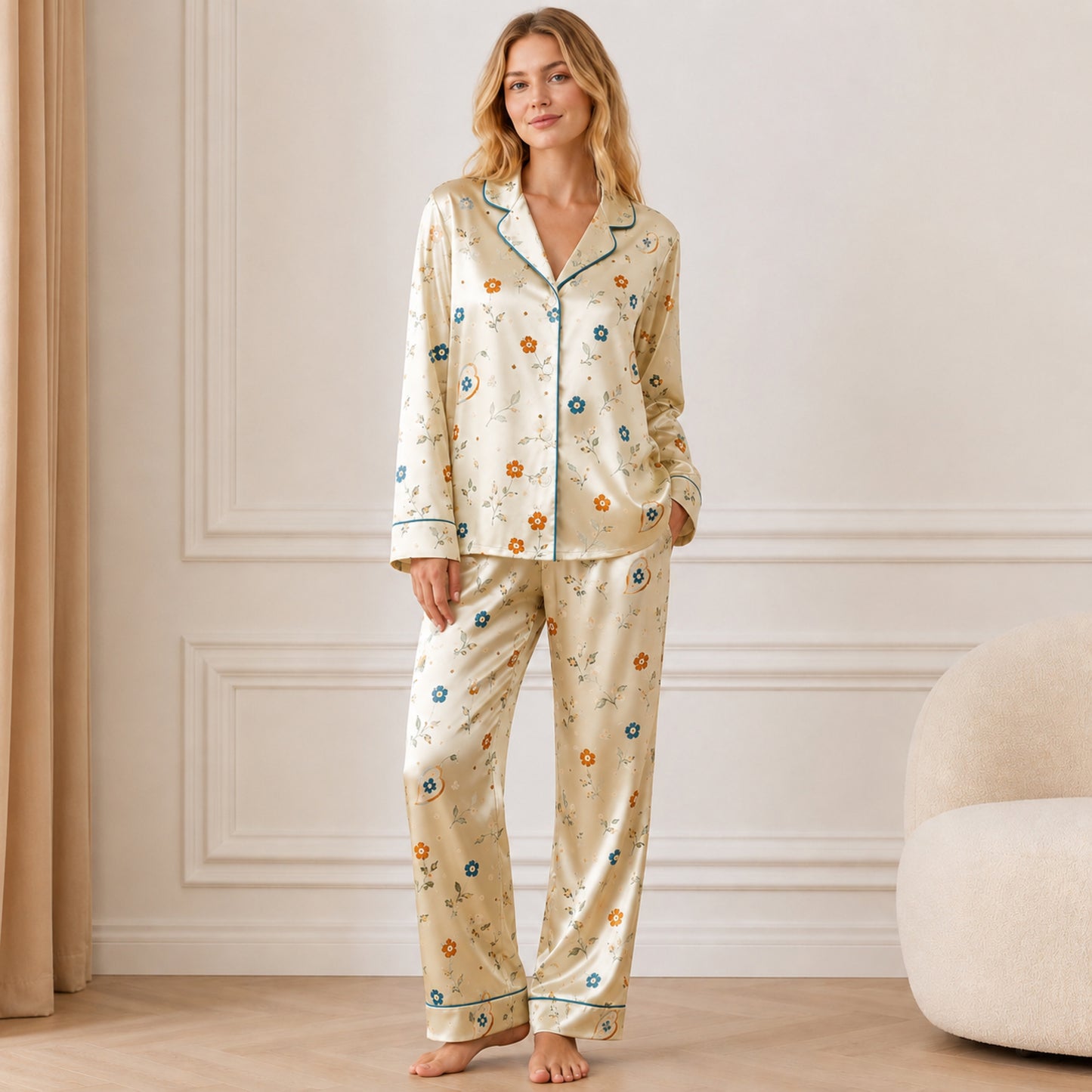PJ-063-Satin White Autumn Blossom Teal Piping Button Up Pajama Set FREE SHIPING
