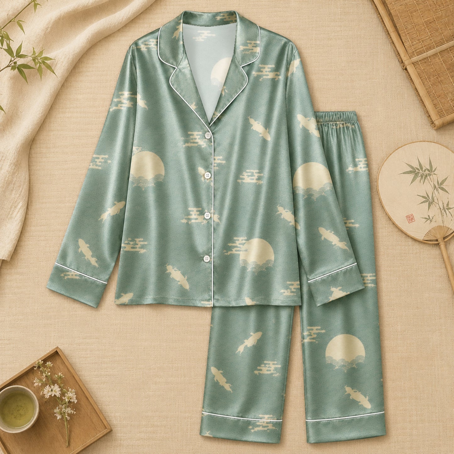 PJ-064-Satin Sage Green Moonlight Koi White Piping Button Up Pajama Set FREE SHIPING