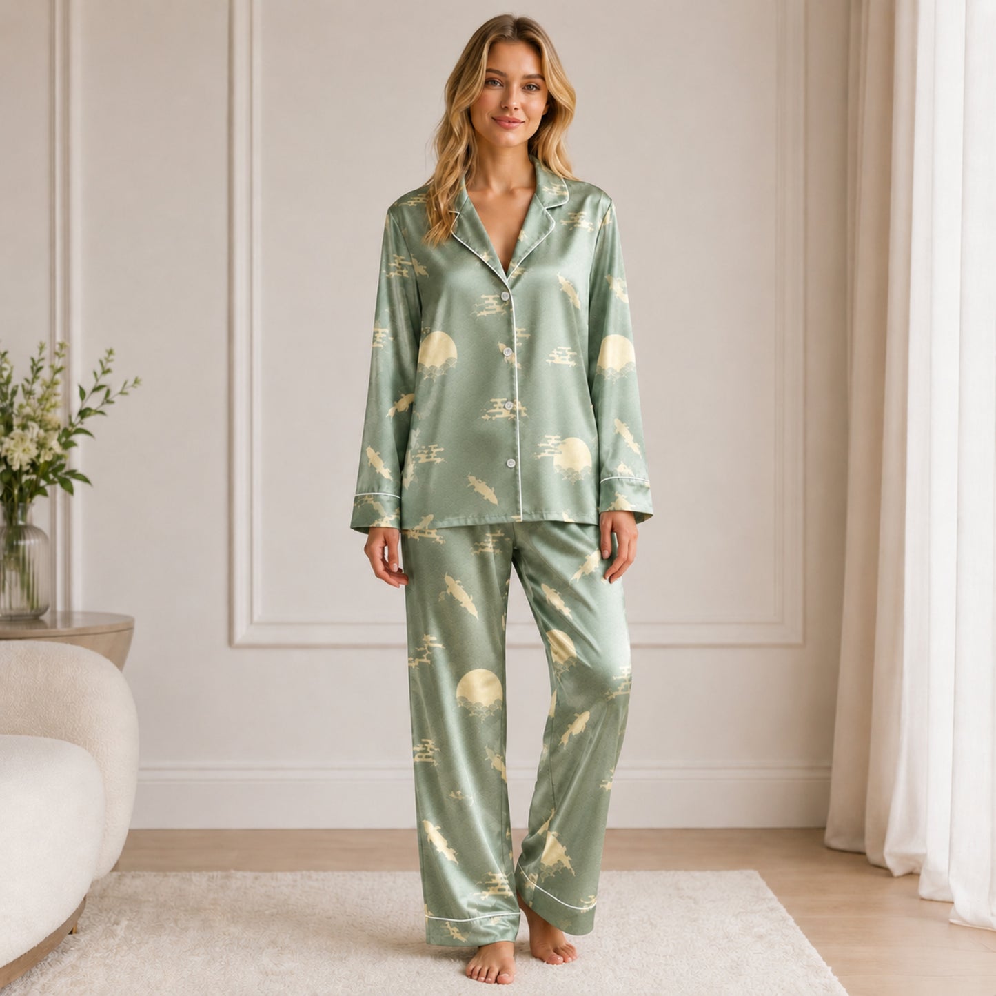 PJ-064-Satin Sage Green Moonlight Koi White Piping Button Up Pajama Set FREE SHIPING
