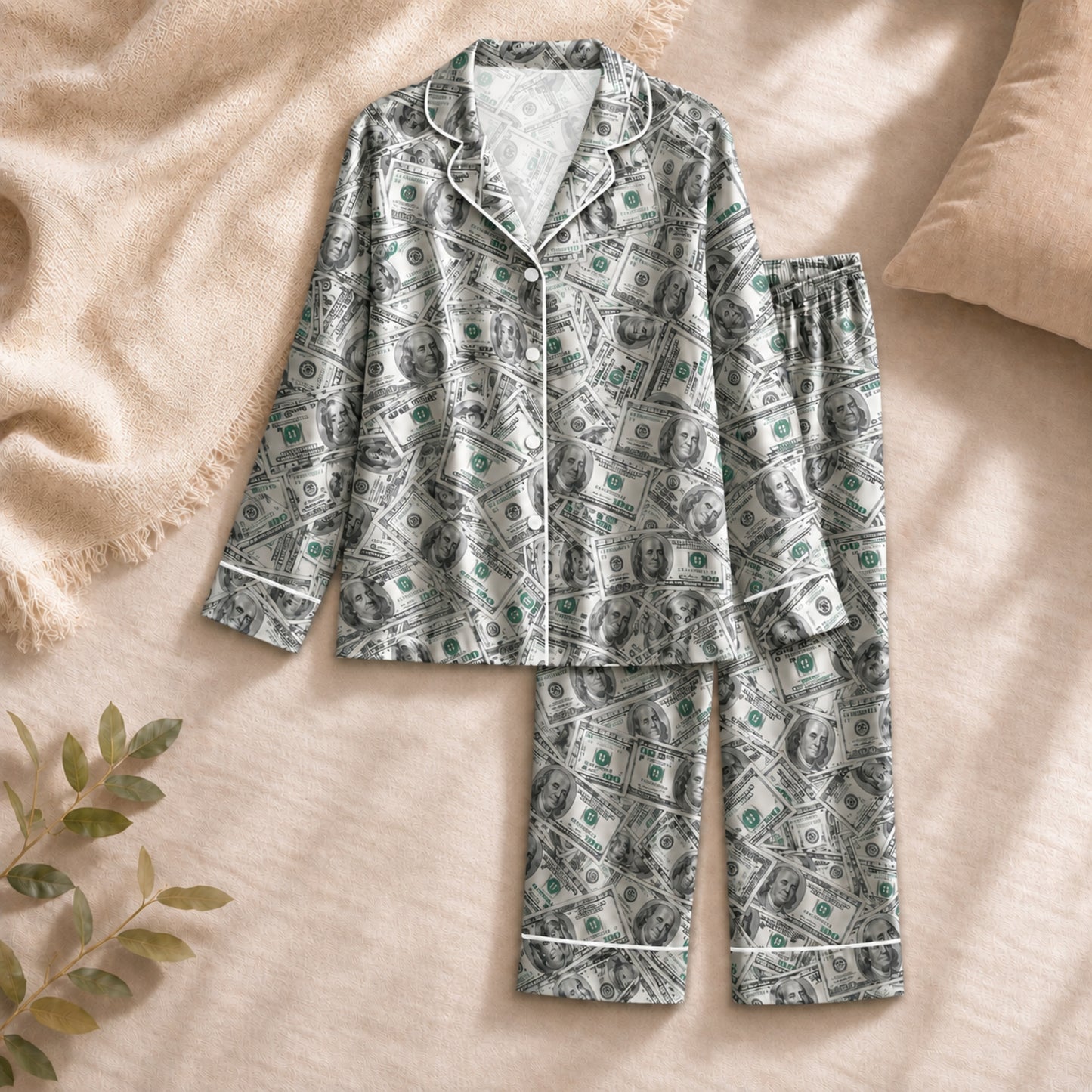 PJ-065-Silk Satin Button-Up Pajama Set Featuring High-Definition Dollar Bill Print FREE SHIPING