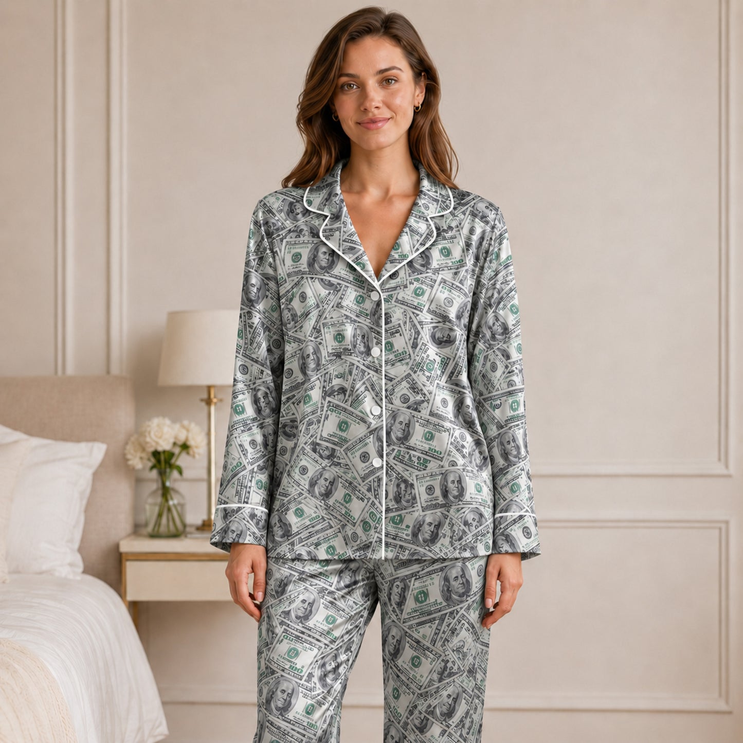 PJ-065-Silk Satin Button-Up Pajama Set Featuring High-Definition Dollar Bill Print FREE SHIPING
