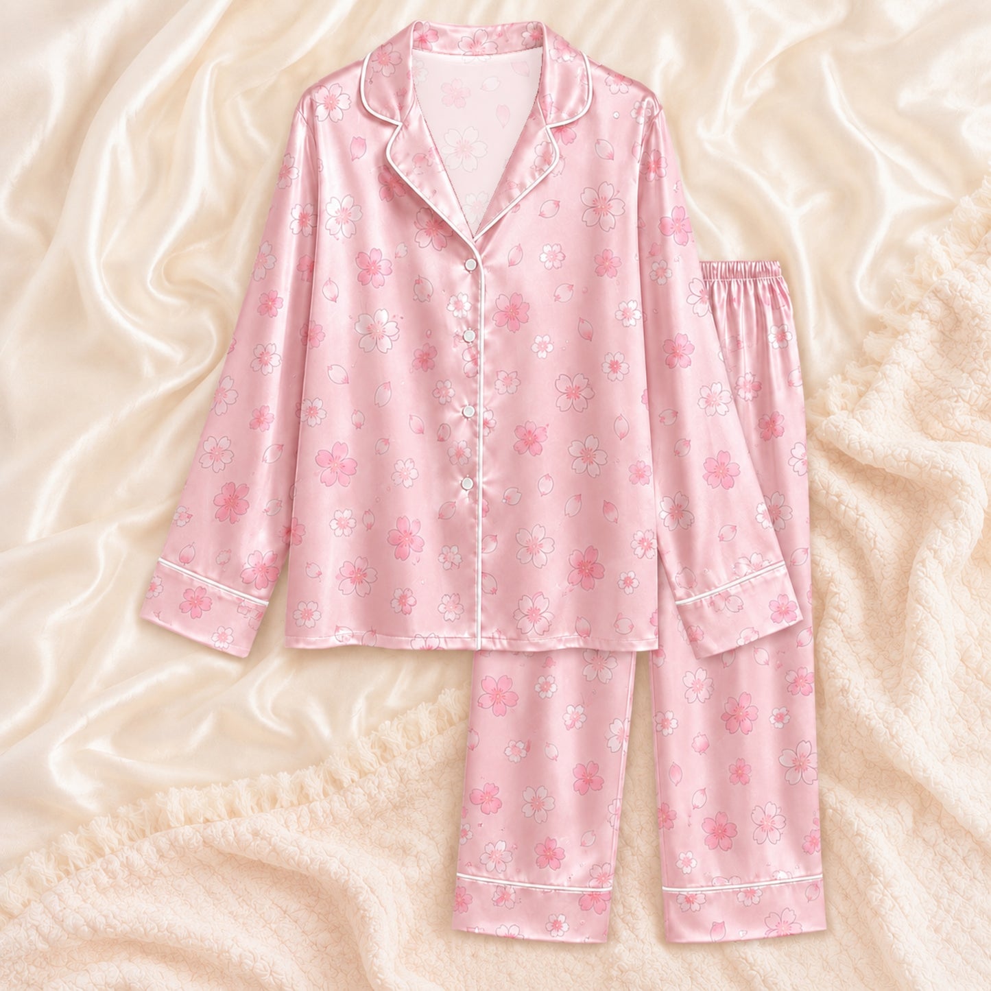 PJ-066-Satin Blush Sakura Bloom White Piping Button Up Pajama Set FREE SHIPING