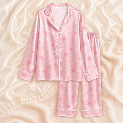 PJ-066-Satin Blush Sakura Bloom White Piping Button Up Pajama Set FREE SHIPING
