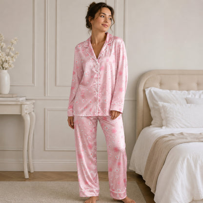 PJ-066-Satin Blush Sakura Bloom White Piping Button Up Pajama Set FREE SHIPING
