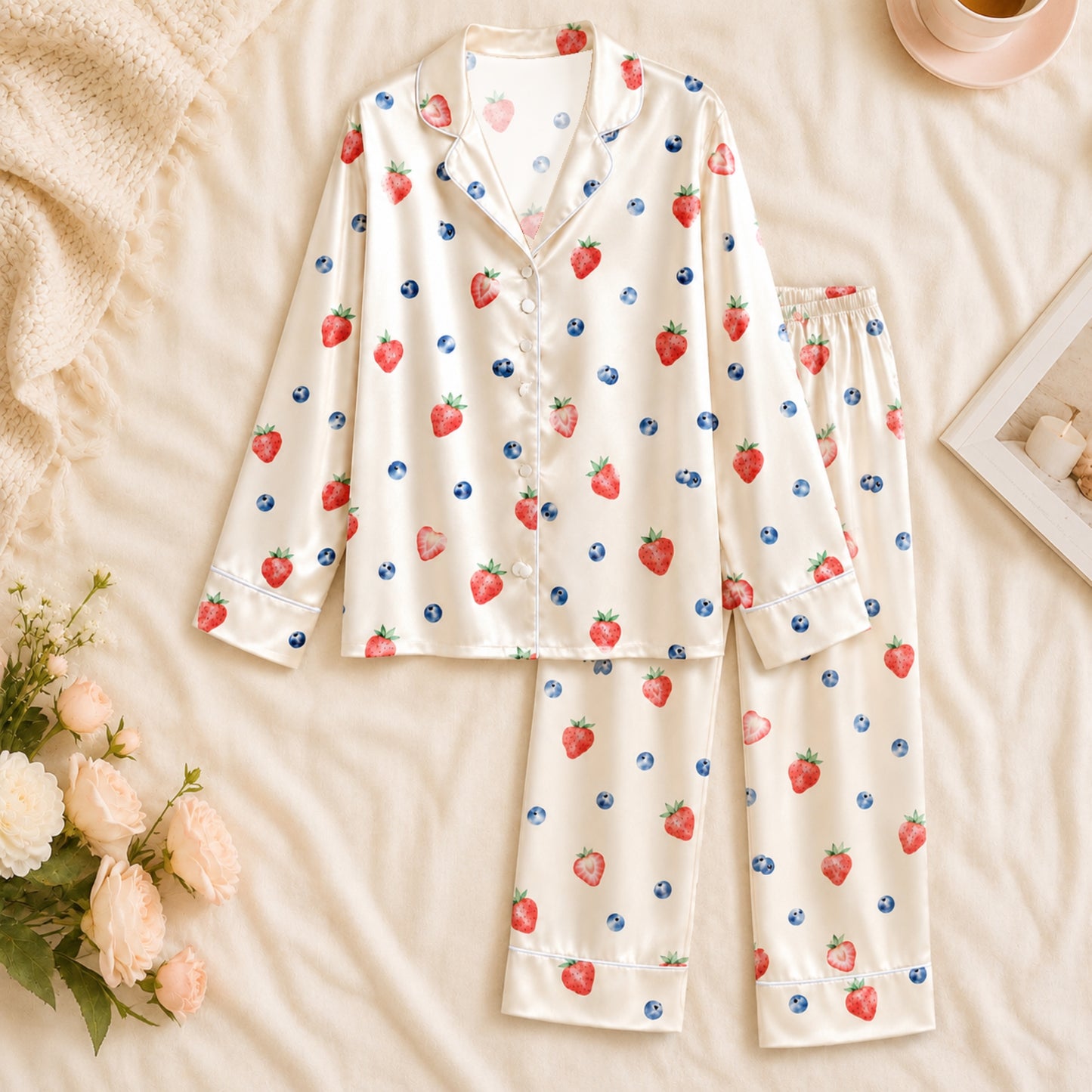 PJ-067-Strawberry and Blueberry Print Pajama Set with Fresh Berry Pattern Artwork Design FREE SHIPING