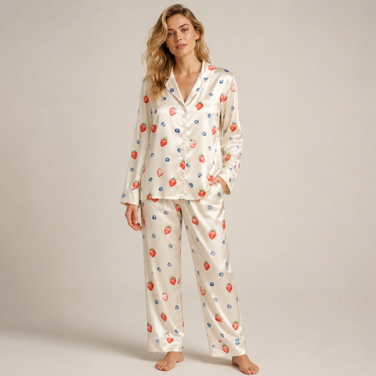 PJ-067-Strawberry and Blueberry Print Pajama Set with Fresh Berry Pattern Artwork Design FREE SHIPING