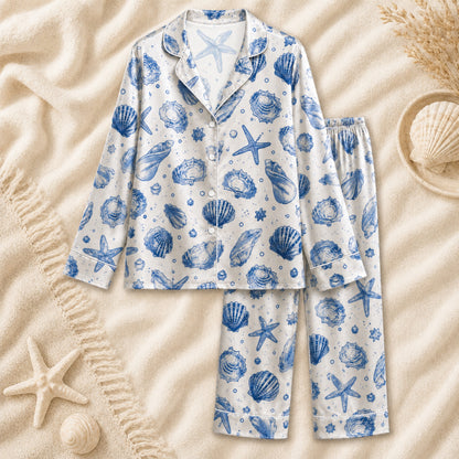 PJ-070-Satin Blue Seashell White Piping Button Up Pajama Set FREE SHIPING