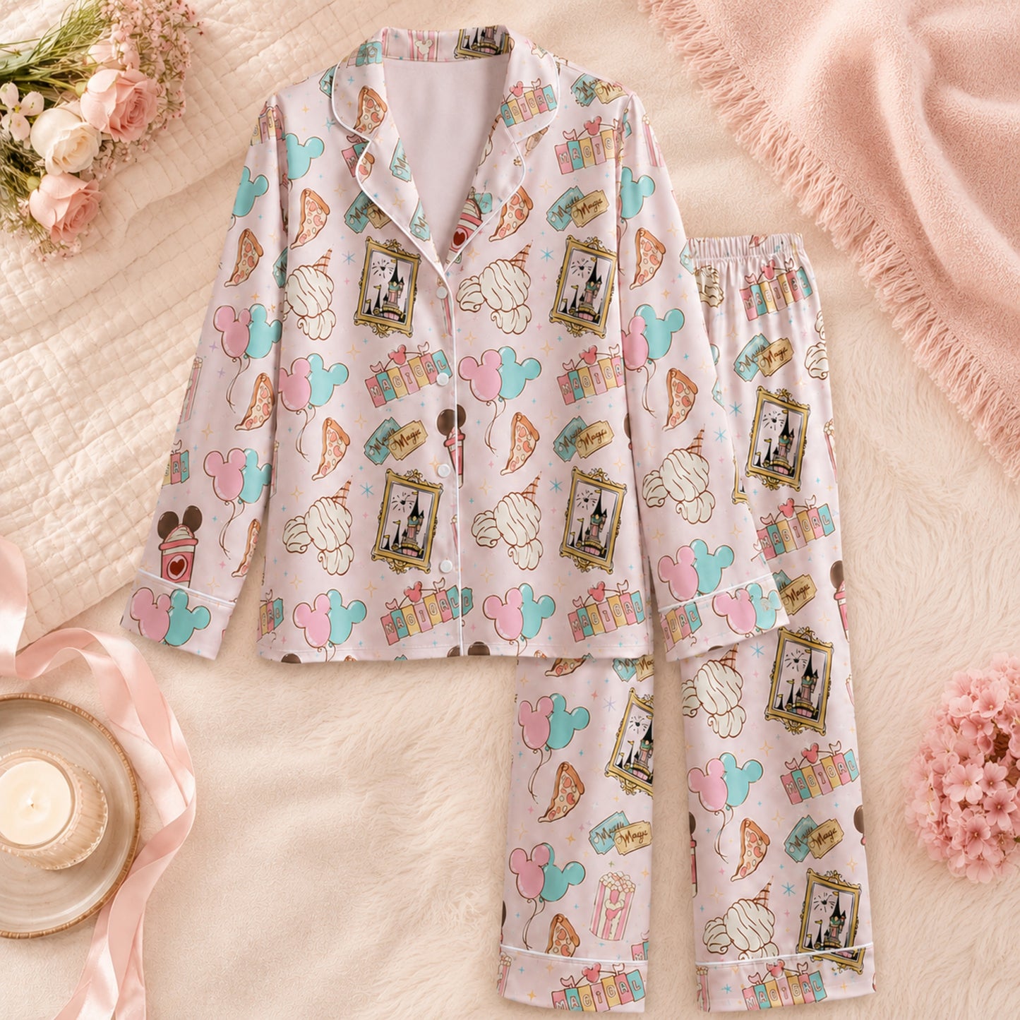 PJ-069-Satin Pink Magical Fairyland White Piping Button Up Pajama Set FREE SHIPING