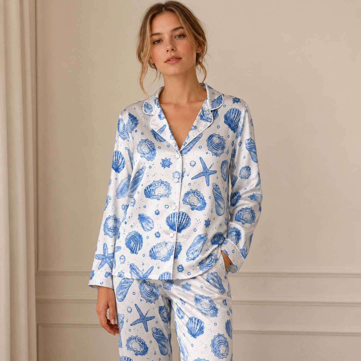 PJ-070-Satin Blue Seashell White Piping Button Up Pajama Set FREE SHIPING