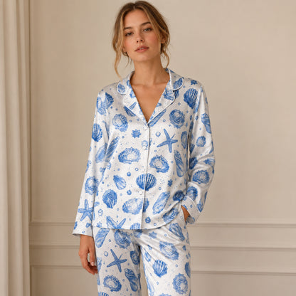 PJ-070-Satin Blue Seashell White Piping Button Up Pajama Set FREE SHIPING