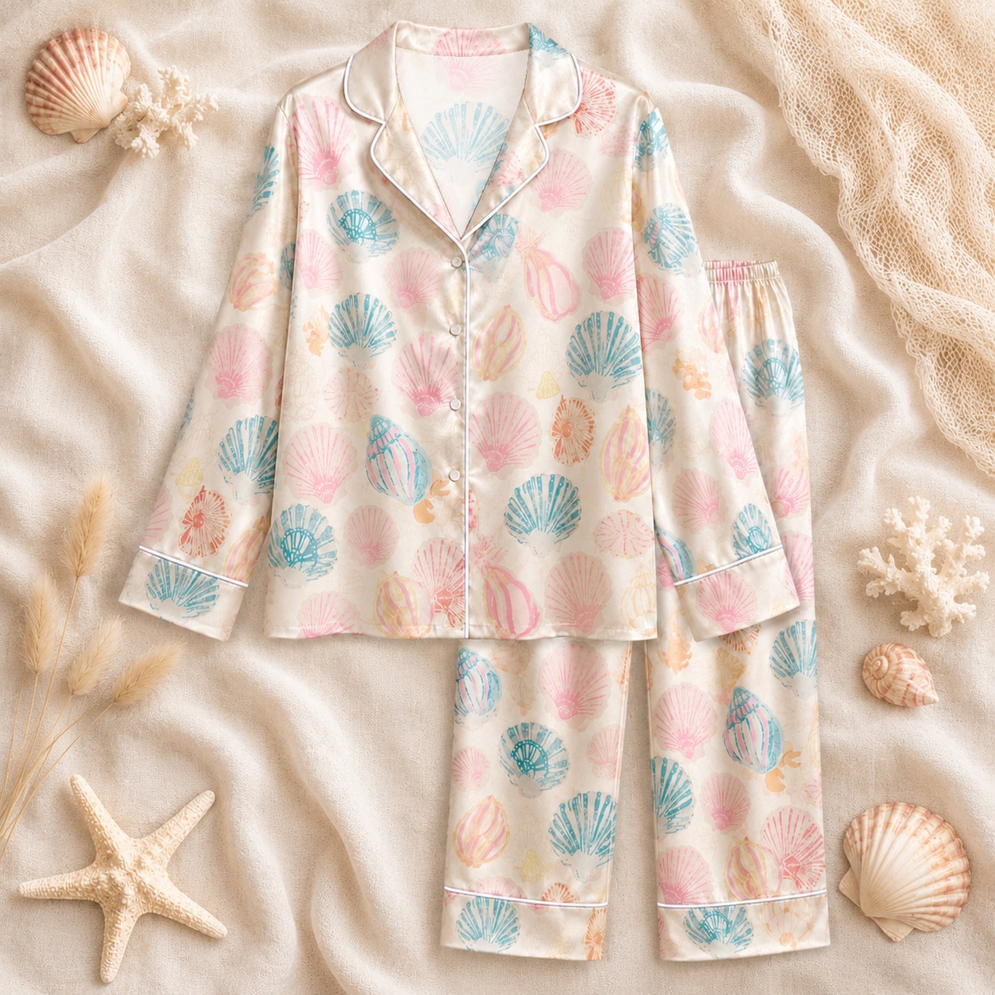 PJ-072-Satin White Pastel Seashell Classic Piping Button Up Pajama Set FREE SHIPING