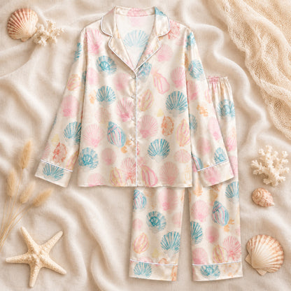PJ-072-Satin White Pastel Seashell Classic Piping Button Up Pajama Set FREE SHIPING