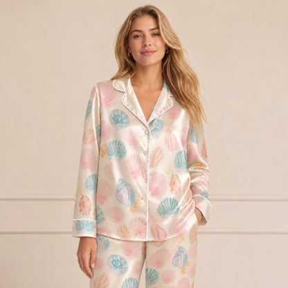 PJ-072-Satin White Pastel Seashell Classic Piping Button Up Pajama Set FREE SHIPING