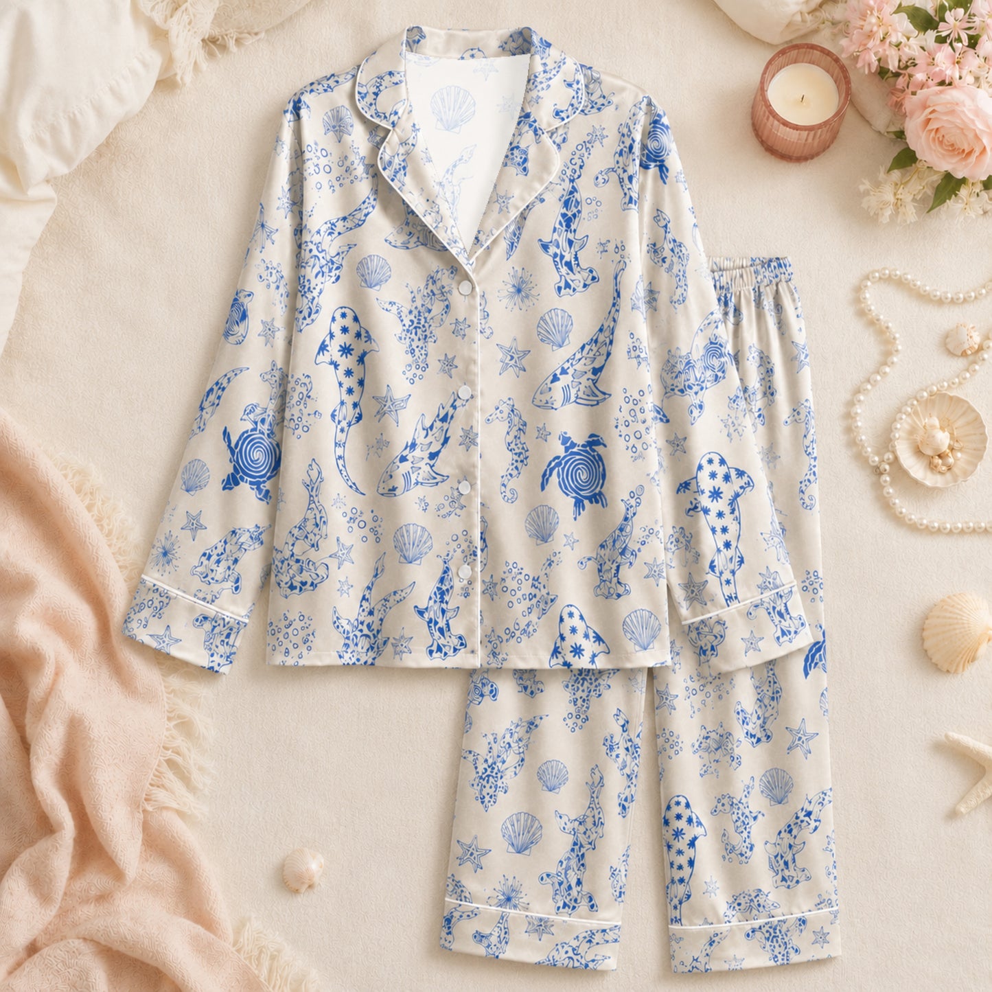 PJ-073-Satin Colorful Marine Life Classic Piping Button Up Pajama Set FREE SHIPING