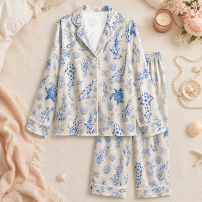 PJ-073-Satin Colorful Marine Life Classic Piping Button Up Pajama Set FREE SHIPING