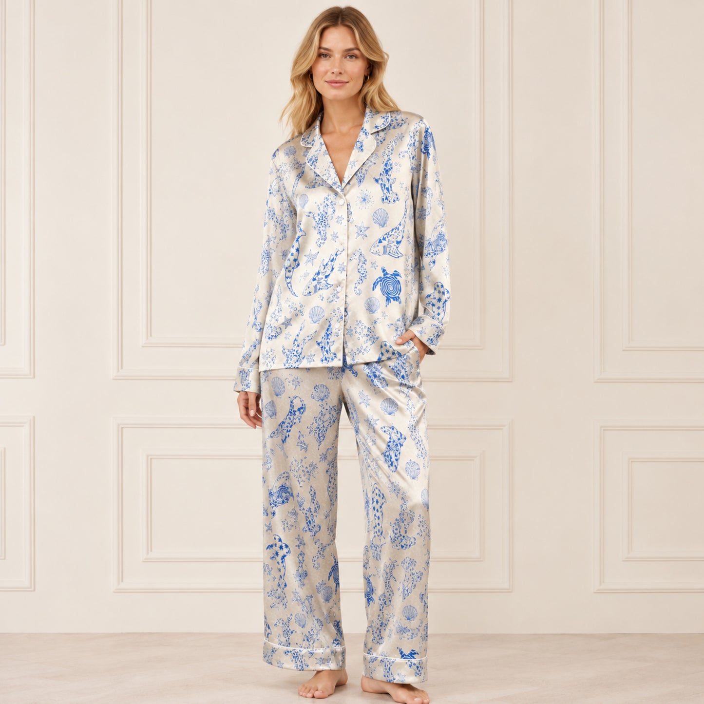 PJ-073-Satin Colorful Marine Life Classic Piping Button Up Pajama Set FREE SHIPING