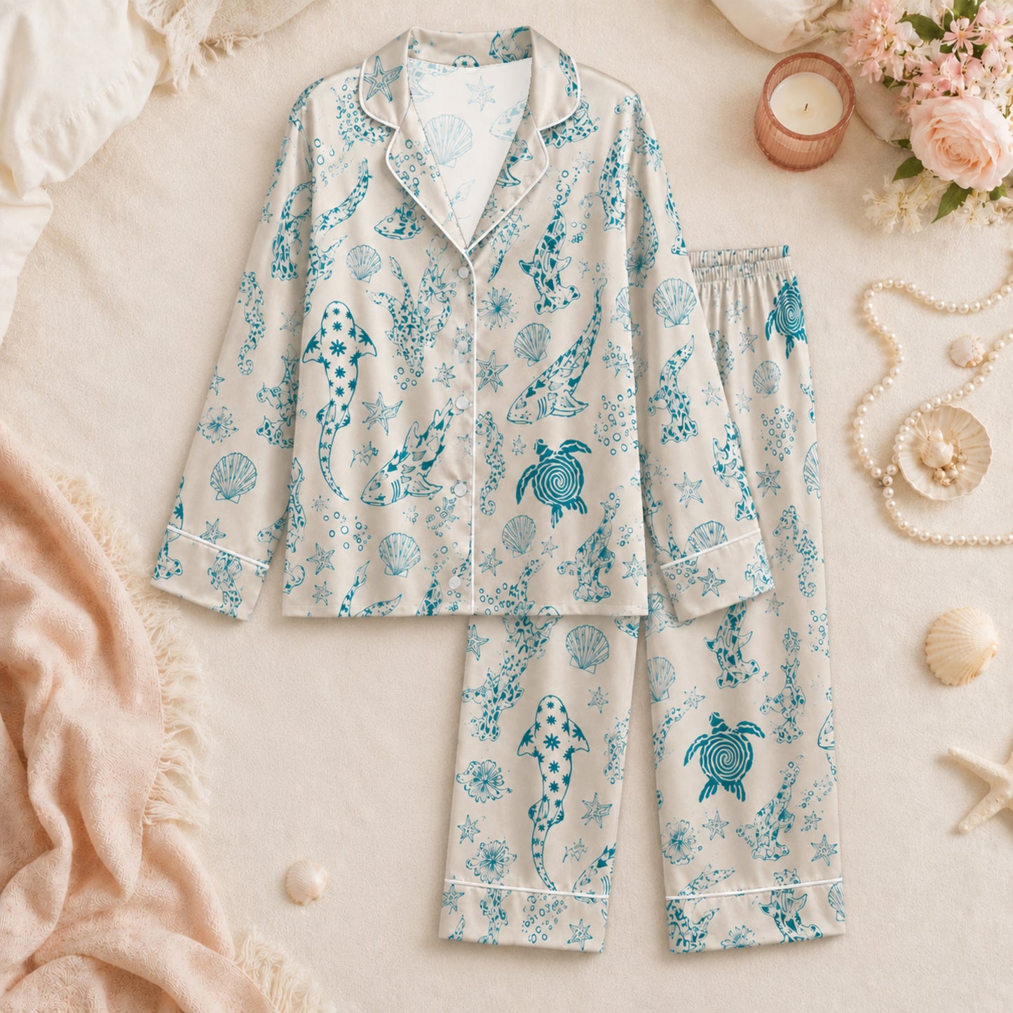 PJ-073-Satin Colorful Marine Life Classic Piping Button Up Pajama Set FREE SHIPING