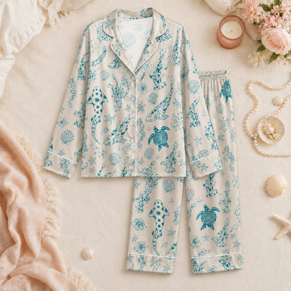 PJ-073-Satin Colorful Marine Life Classic Piping Button Up Pajama Set FREE SHIPING