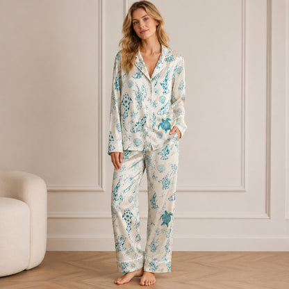 PJ-073-Satin Colorful Marine Life Classic Piping Button Up Pajama Set FREE SHIPING