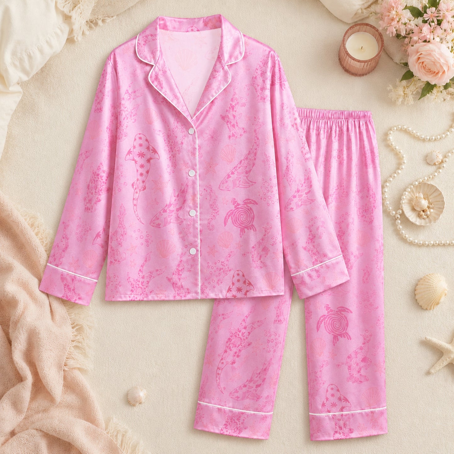 PJ-073-Satin Colorful Marine Life Classic Piping Button Up Pajama Set FREE SHIPING