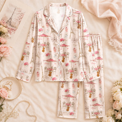 PJ-074-Unisex Pink Paris Eiffel Tower Print Satin Pajamas French Cafe Loungewear Sleepwear Nightwear Pjs Two Piece FREE SHIPING