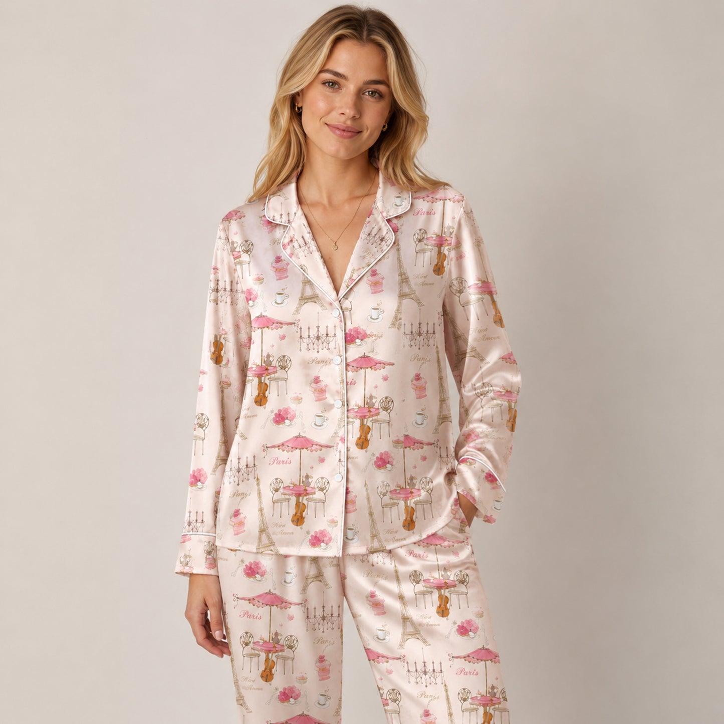 PJ-074-Unisex Pink Paris Eiffel Tower Print Satin Pajamas French Cafe Loungewear Sleepwear Nightwear Pjs Two Piece FREE SHIPING