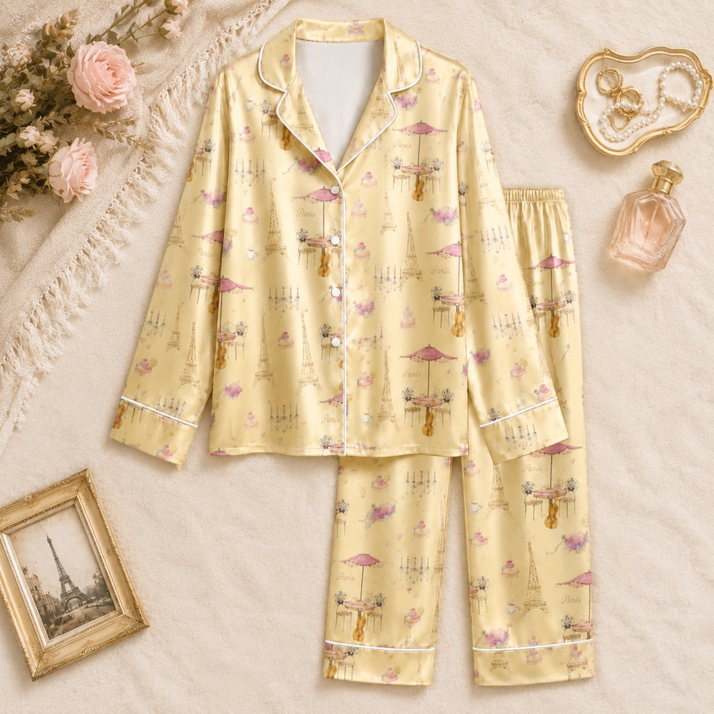 PJ-075-Unisex Yellow Paris Eiffel Tower Print Satin Pajamas French Cafe Loungewear Sleepwear Nightwear Pjs Two Piece FREE SHIPING