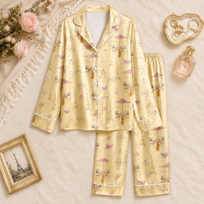 PJ-075-Unisex Yellow Paris Eiffel Tower Print Satin Pajamas French Cafe Loungewear Sleepwear Nightwear Pjs Two Piece FREE SHIPING